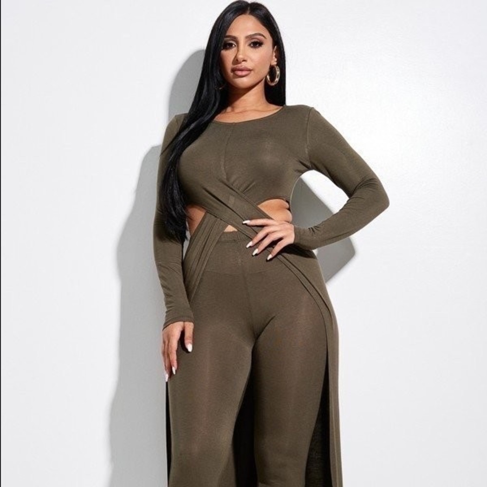 Olive Cutout Wrap Jumpsuit Pantsuit - Women's Long Sleeve
